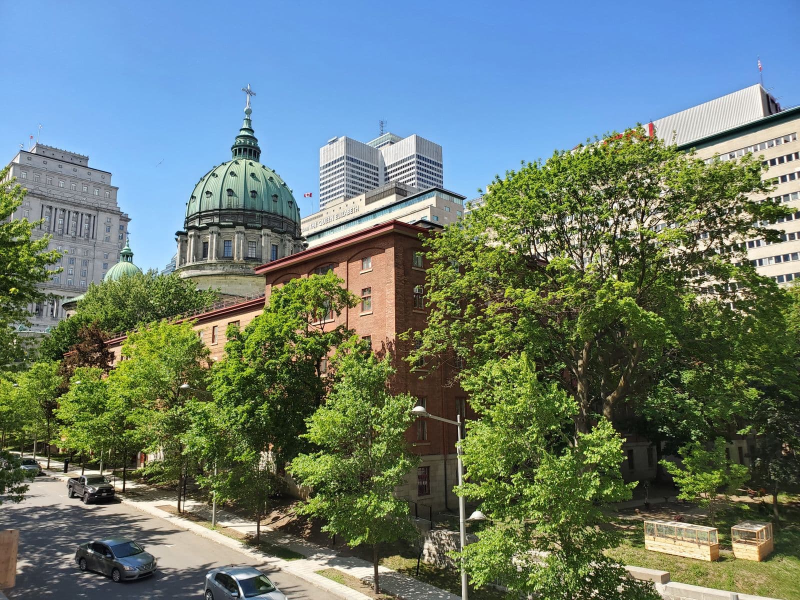 Le centre-ville de Montréal en été, le dôme de la cathédrale au-dessus des arbres.